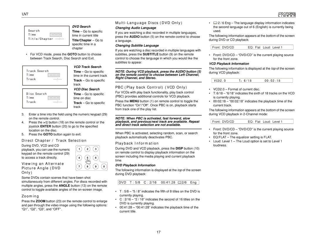 Audiovox UDV7 Direct Chapter / Track Selection, Viewing an Alternate Picture Angle DVD Only, Zooming, Playback Information 