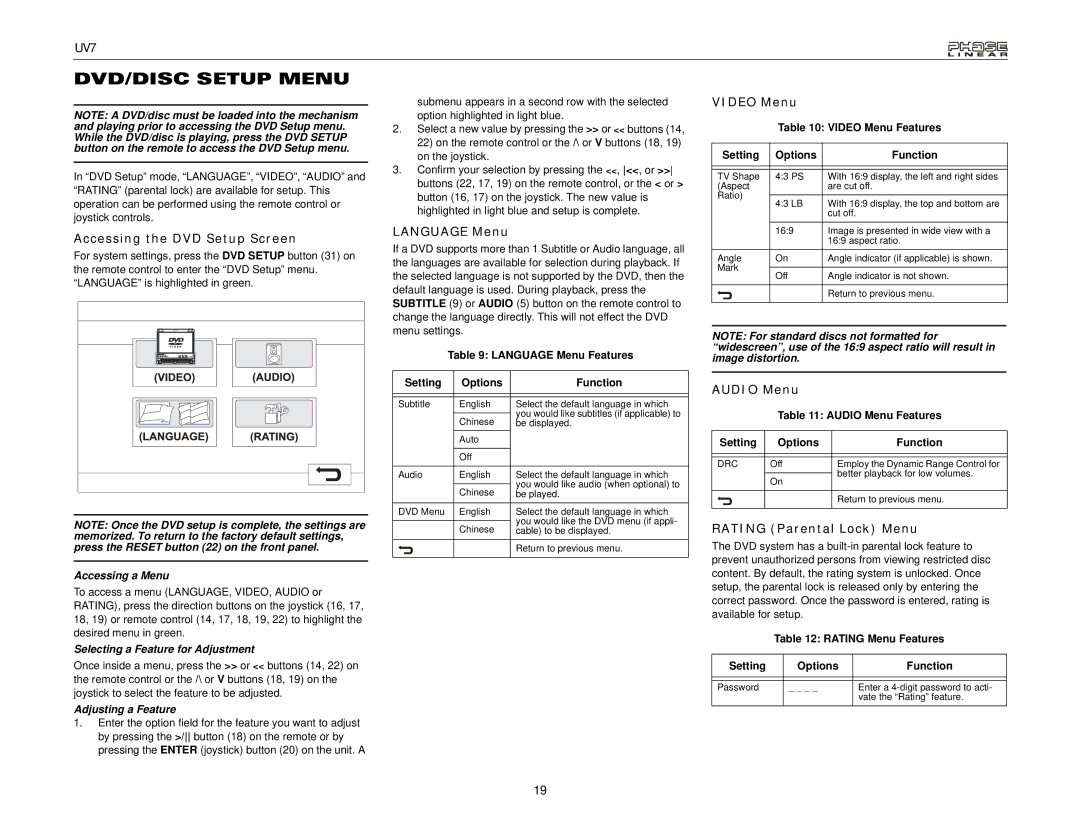 Audiovox UDV7 instruction manual DVD/DISC Setup Menu 