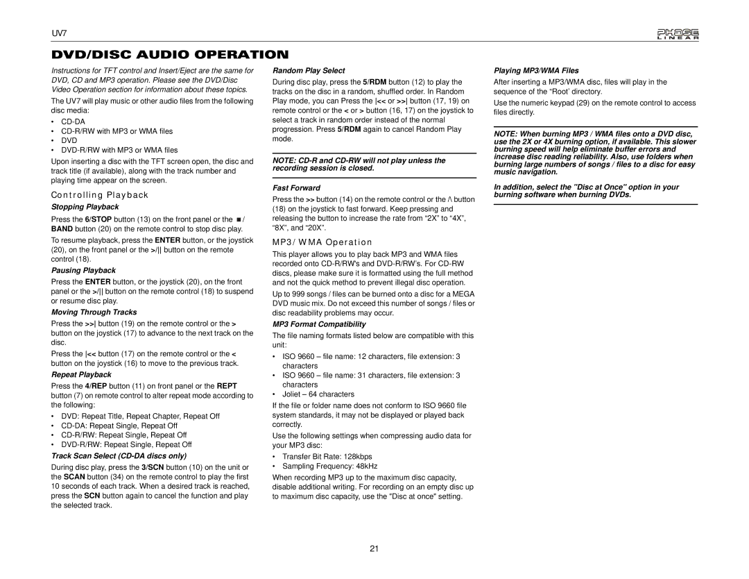 Audiovox UDV7 instruction manual DVD/DISC Audio Operation, MP3/WMA Operation 