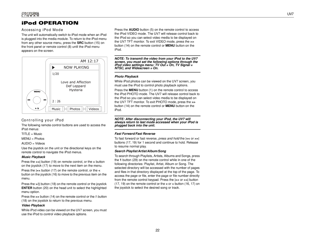 Audiovox UDV7 instruction manual Accessing iPod Mode, Controlling your iPod 