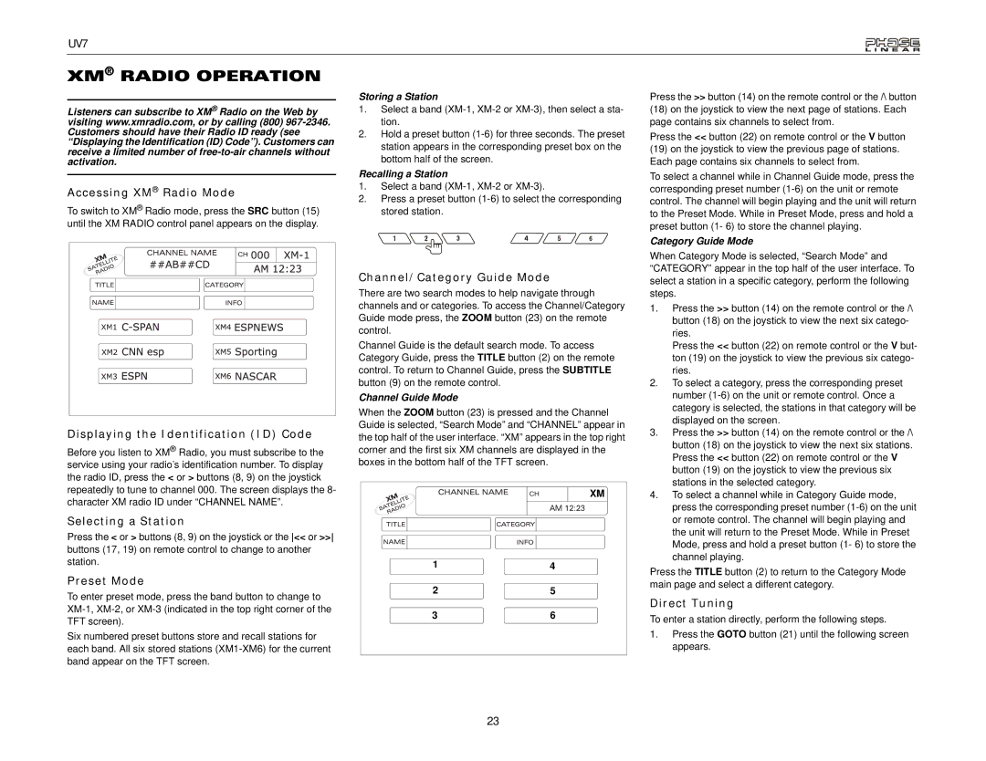 Audiovox UDV7 instruction manual XM Radio Operation 