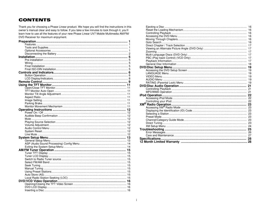 Audiovox UDV7 instruction manual Contents 