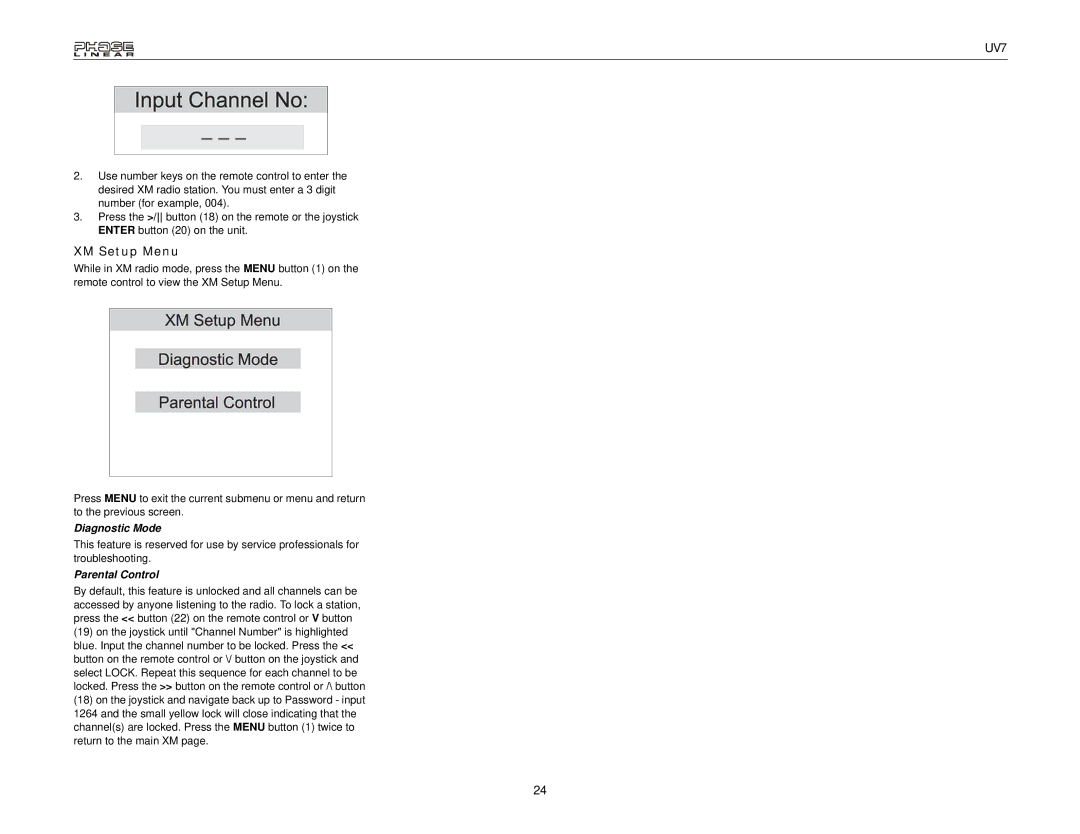 Audiovox UDV7 instruction manual XM Setup Menu, Diagnostic Mode, Parental Control 