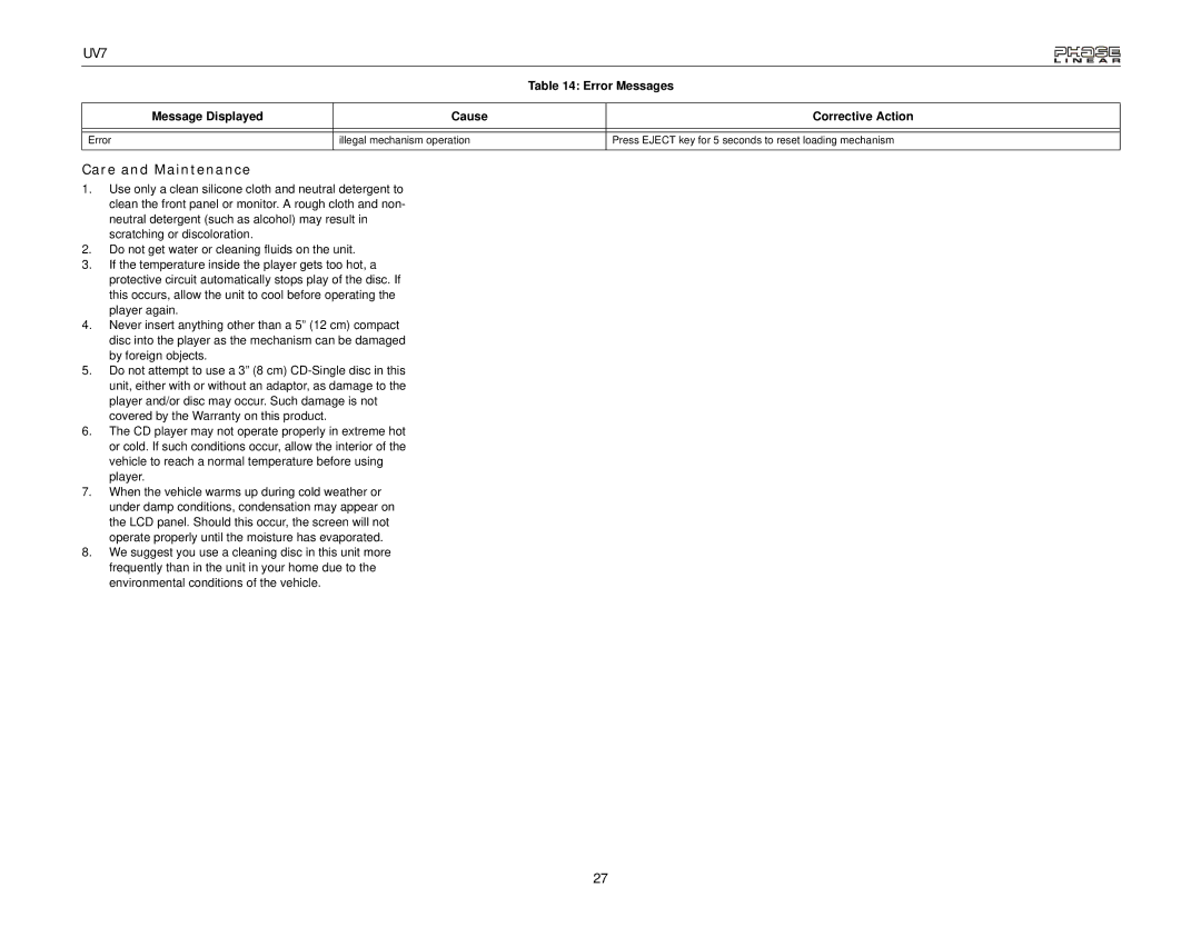 Audiovox UDV7 instruction manual Care and Maintenance 