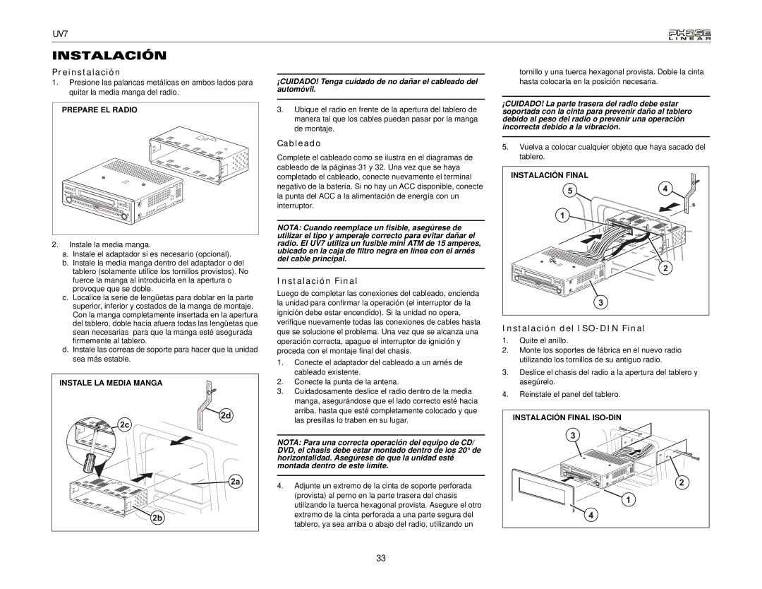 Audiovox UDV7 instruction manual Preinstalación, Cableado, Instalación Final, Instalación del ISO-DIN Final 