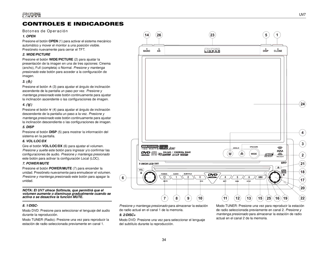 Audiovox UDV7 instruction manual Controles E Indicadores, Botones de Operación, Disc+ 