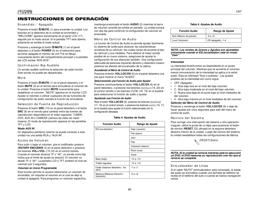 Audiovox UDV7 instruction manual Instrucciones DE Operación 