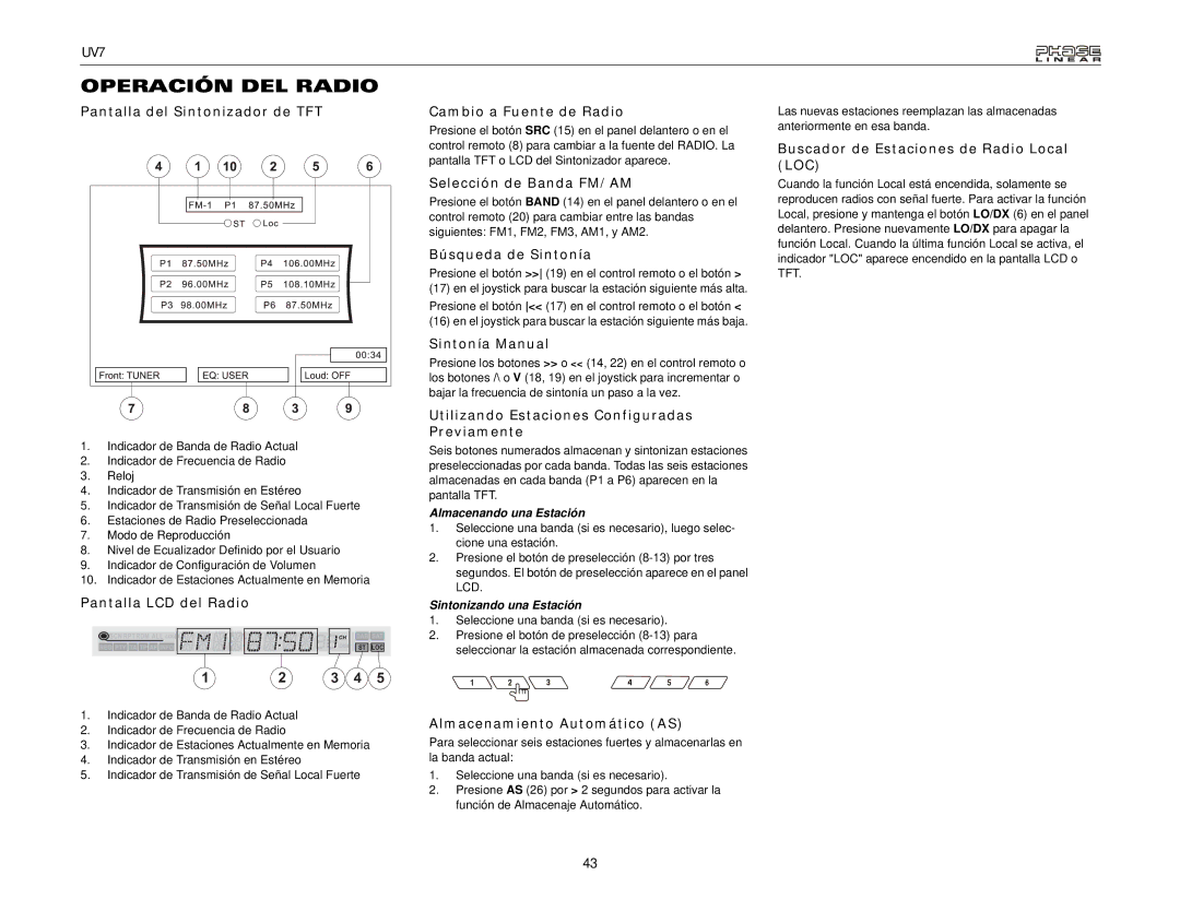 Audiovox UDV7 instruction manual Operación DEL Radio 