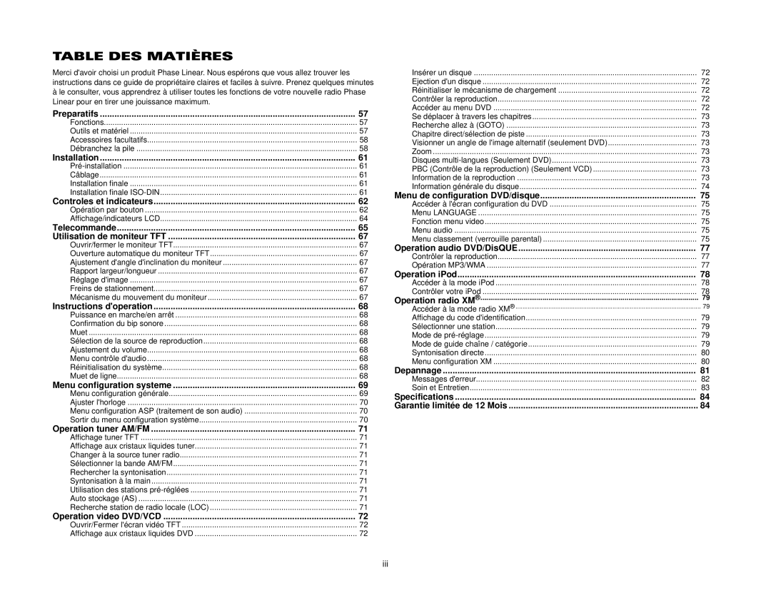 Audiovox UDV7 instruction manual Table DES Matières 