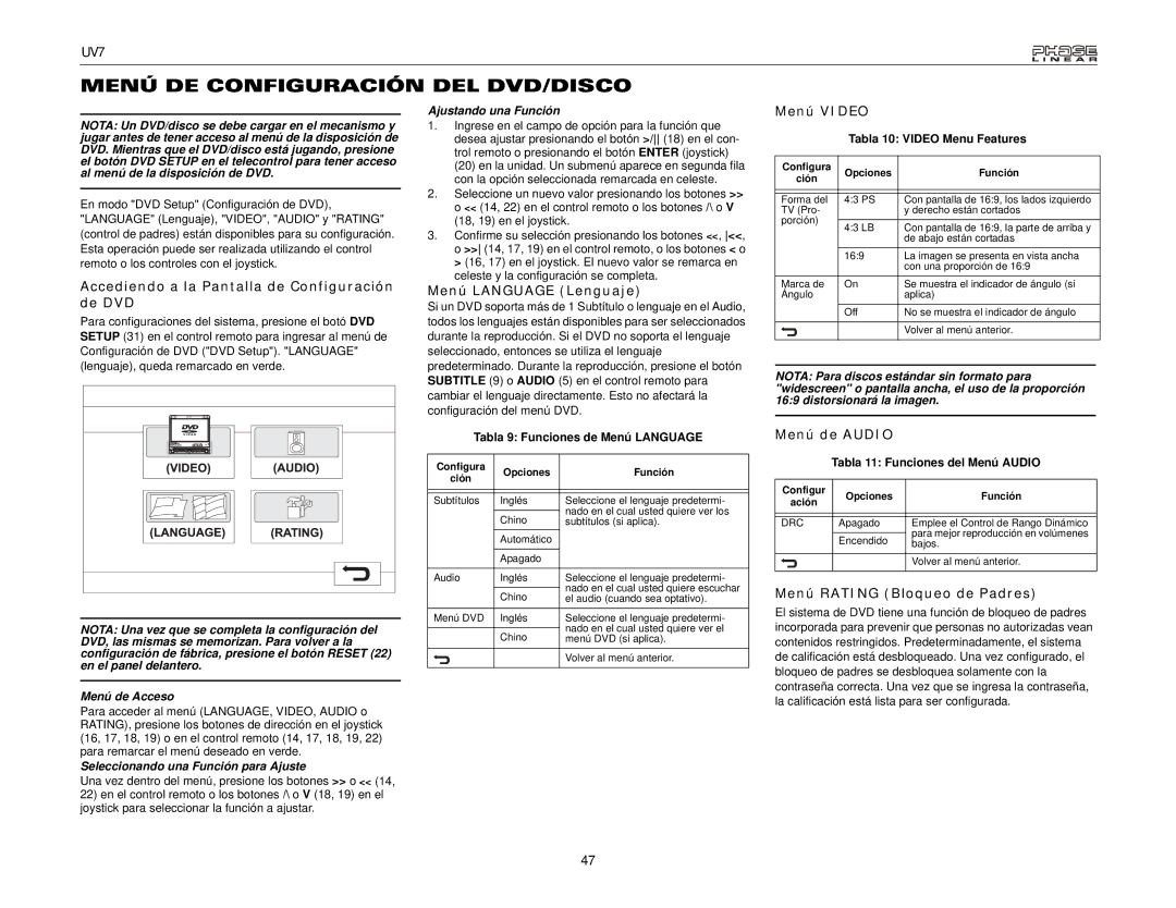 Audiovox UDV7 instruction manual Menú DE Configuración DEL DVD/DISCO 