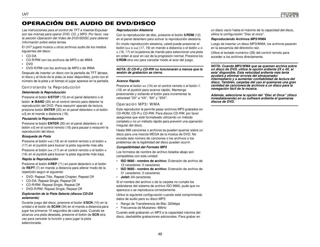 Audiovox UDV7 instruction manual Operación DEL Audio DE DVD/DISCO, Operación MP3/WMA 