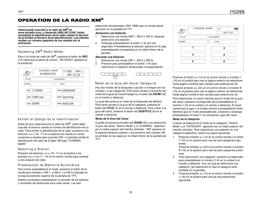 Audiovox UDV7 Operation DE LA Radio XM, Exhibir el Código de la Identificación, Preselección de Memoria Automática 