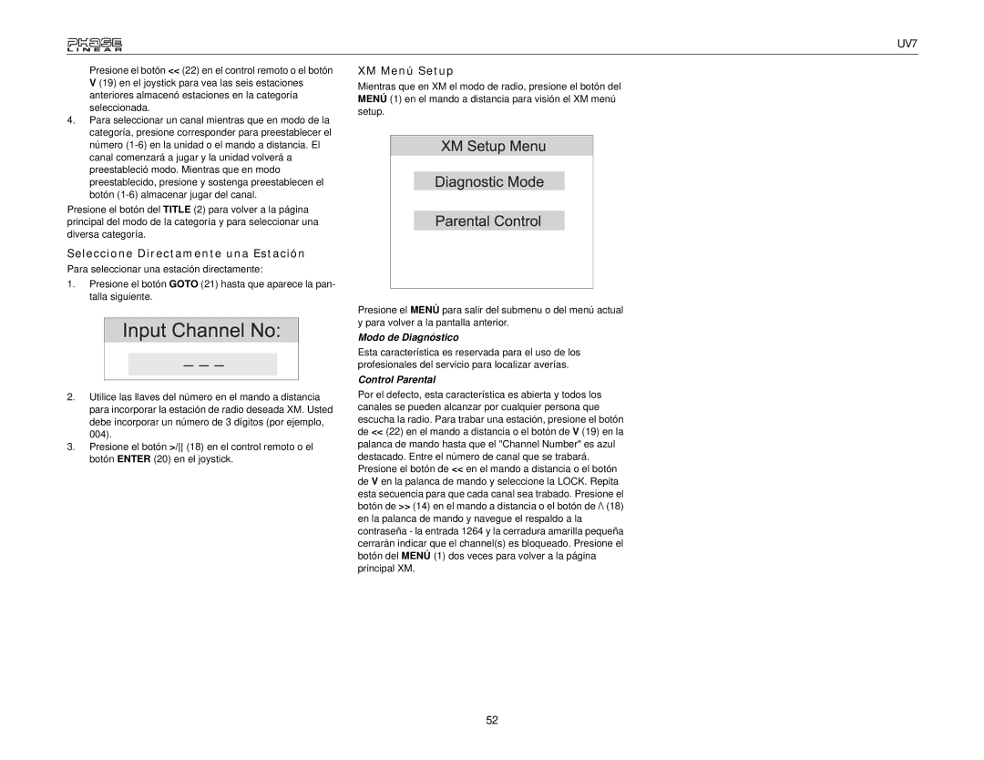 Audiovox UDV7 instruction manual Seleccione Directamente una Estación, XM Menú Setup, Modo de Diagnóstico, Control Parental 