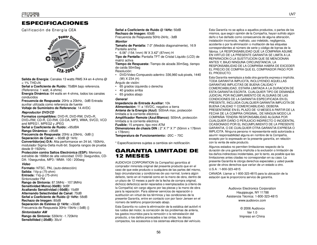 Audiovox UDV7 Especificaciones, Garantia Limitade DE 12 Meses, Calificación de Energía CEA, Reproductor DVD/CD 