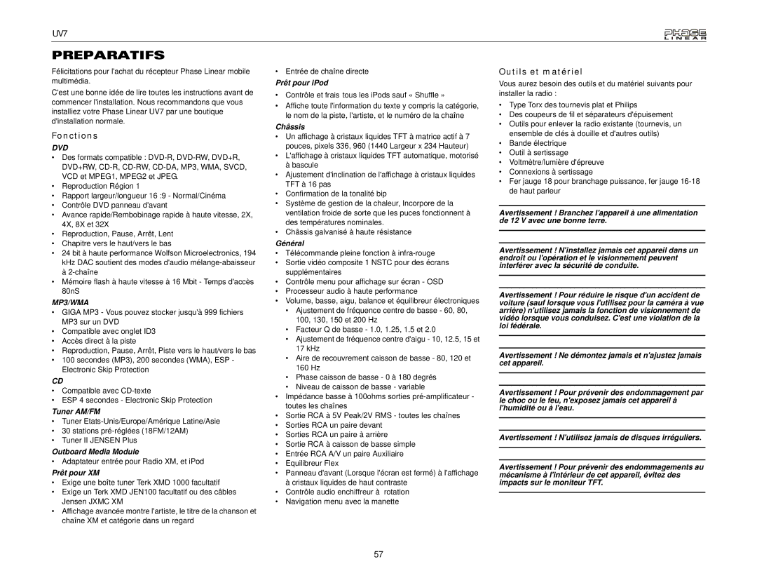 Audiovox UDV7 instruction manual Preparatifs, Fonctions, Outils et matériel 