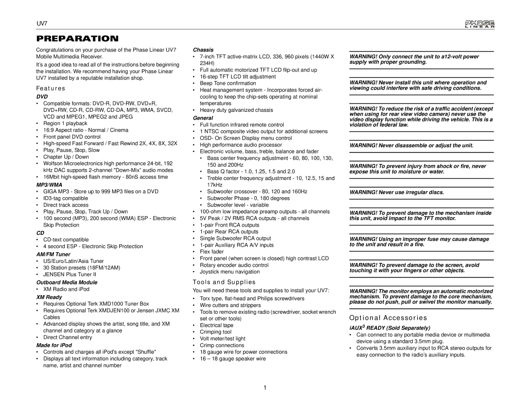 Audiovox UDV7 instruction manual Preparation, Features, Tools and Supplies 