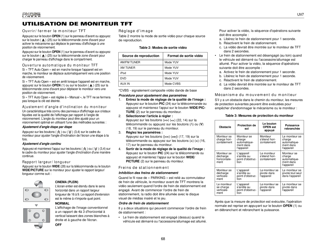 Audiovox UDV7 Utilisation DE Moniteur TFT, Ouvrir/fermer le moniteur TFT, Réglage dimage, Freins de stationnement 