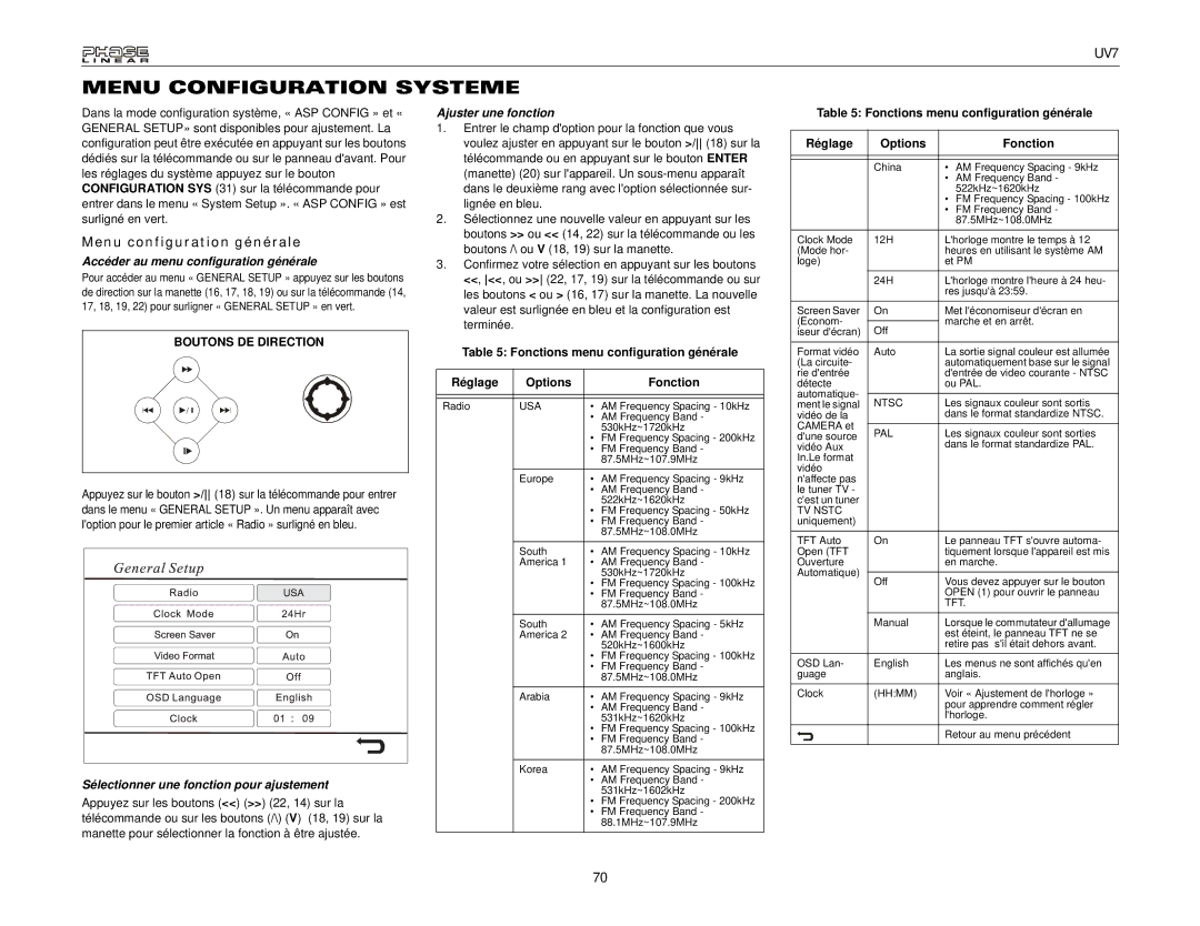 Audiovox UDV7 Menu Configuration Systeme, Menu configuration générale, Accéder au menu configuration générale 