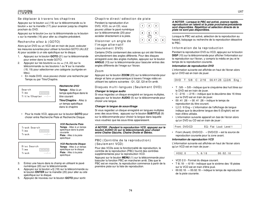 Audiovox UDV7 Se déplacer à travers les chapitres, Recherche allez à Goto, Chapitre direct/sélection de piste, Zoom 