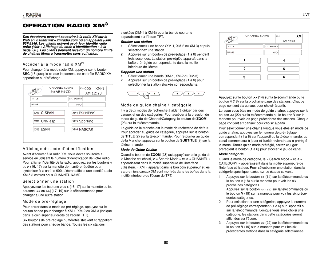 Audiovox UDV7 instruction manual Operation Radio XM 