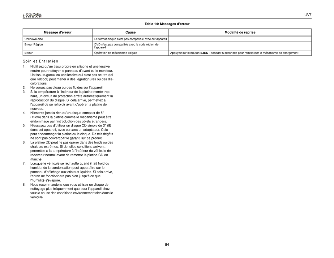 Audiovox UDV7 instruction manual Soin et Entretien 