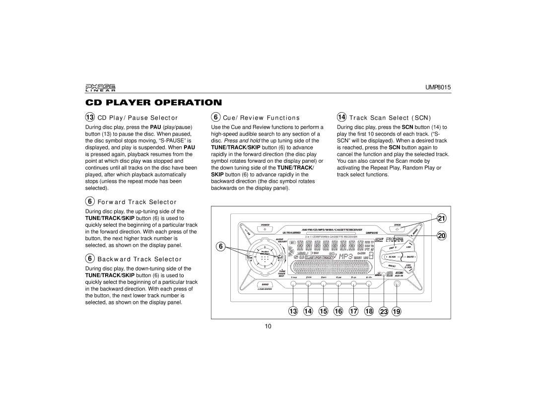 Audiovox UMP8015 owner manual Forward Track Selector, Backward Track Selector 