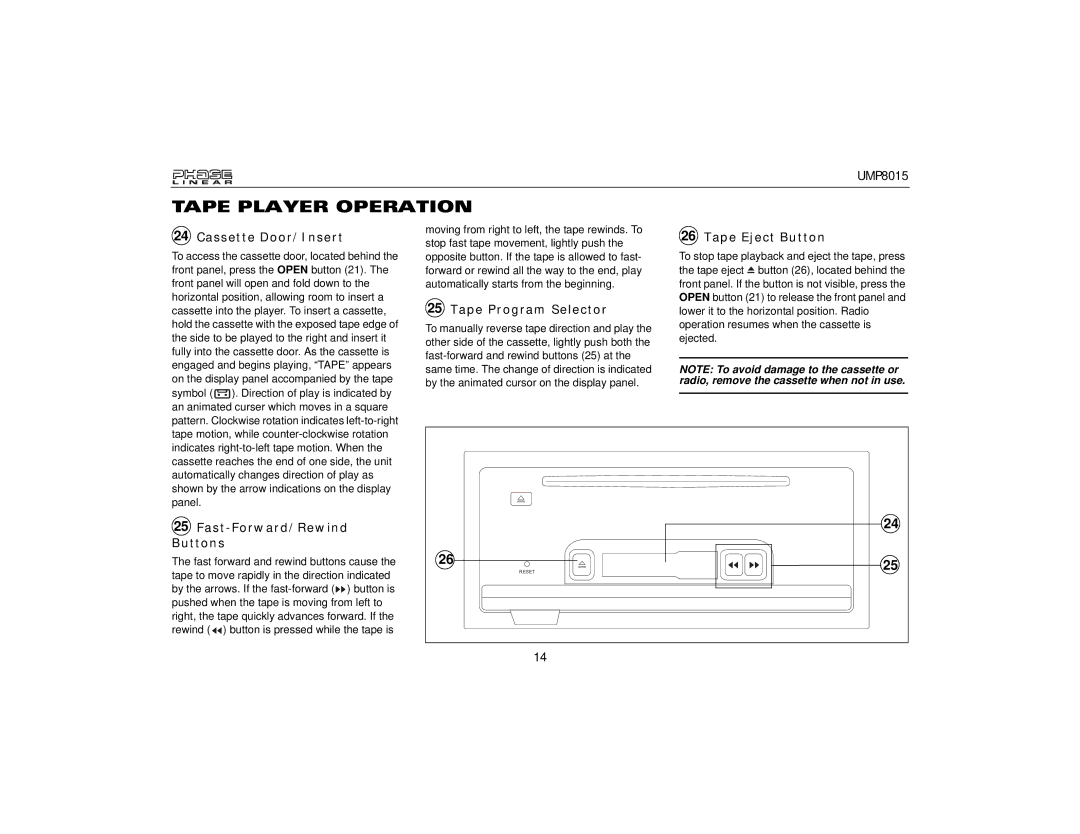 Audiovox UMP8015 owner manual Tape Player Operation, Cassette Door/Insert, Tape Program Selector, Tape Eject Button 