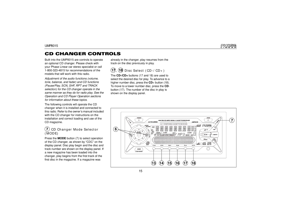 Audiovox UMP8015 owner manual CD Changer Controls, CD Changer Mode Selector Mode, 17 , 18 Disc Select CD-/CD+ 