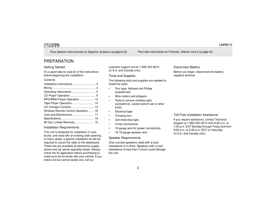 Audiovox UMP8015 owner manual Preparation 