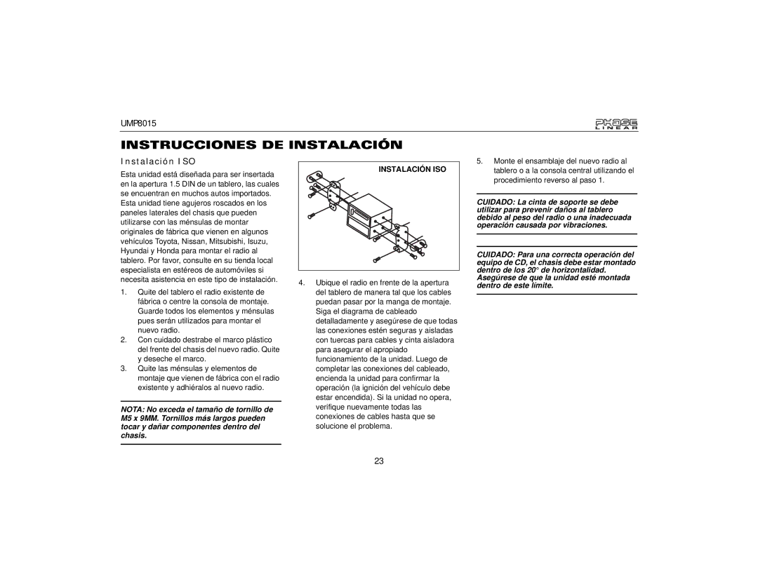 Audiovox UMP8015 owner manual Instrucciones DE Instalación, Instalación ISO 