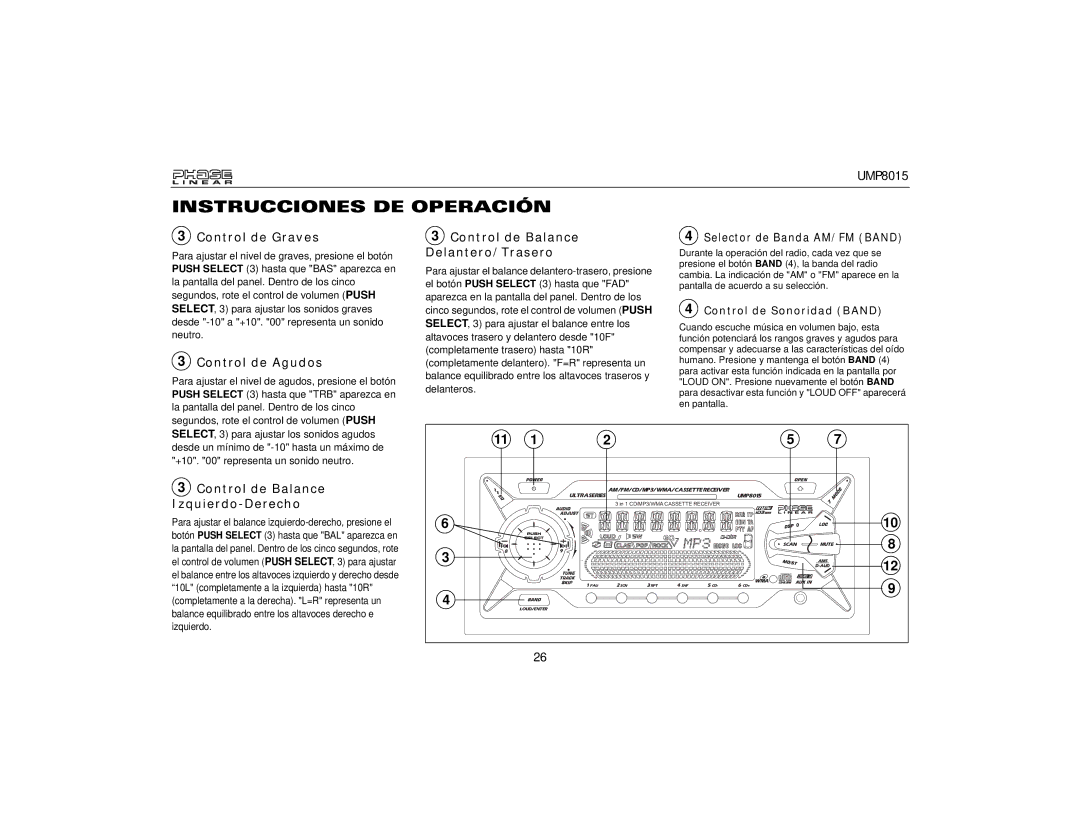 Audiovox UMP8015 Control de Graves, Control de Agudos, Control de Balance Delantero/Trasero, Control de Sonoridad Band 