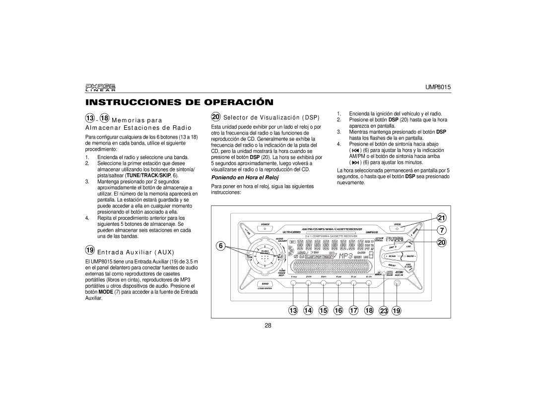 Audiovox UMP8015 13 18 Memorias para Almacenar Estaciones de Radio, Entrada Auxiliar AUX, Selector de Visualización DSP 