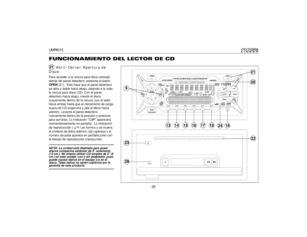 Audiovox UMP8015 owner manual Funcionamiento DEL Lector DE CD, Abrir/Cerrar/Apertura de Disco 