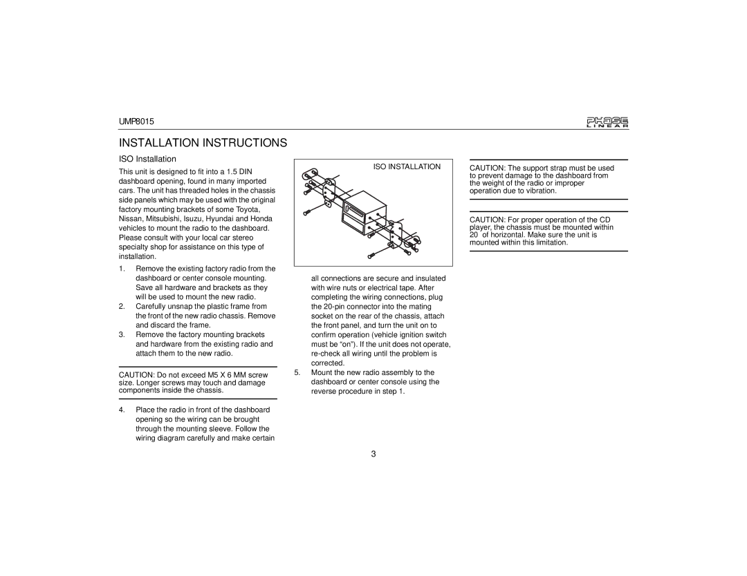 Audiovox UMP8015 owner manual Installation Instructions, ISO Installation 