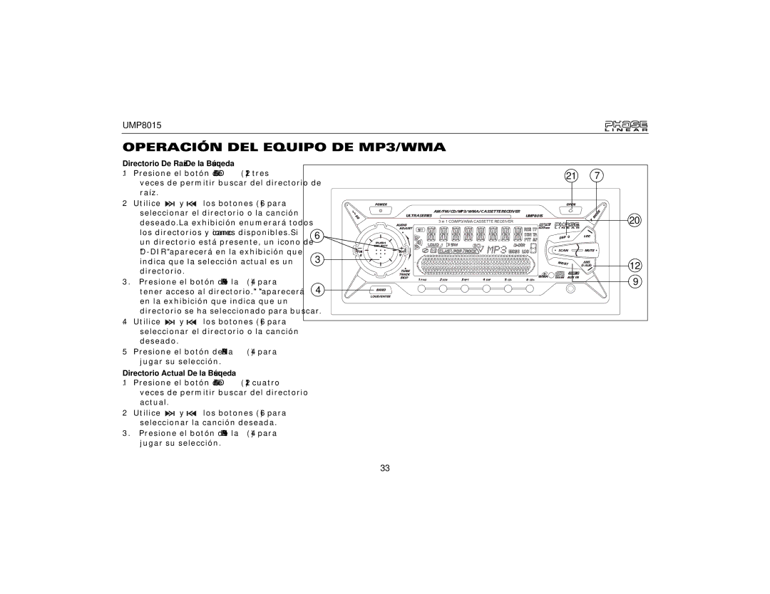 Audiovox UMP8015 owner manual Directorio De Raíz De la Búsqueda, Directorio Actual De la Búsqueda 