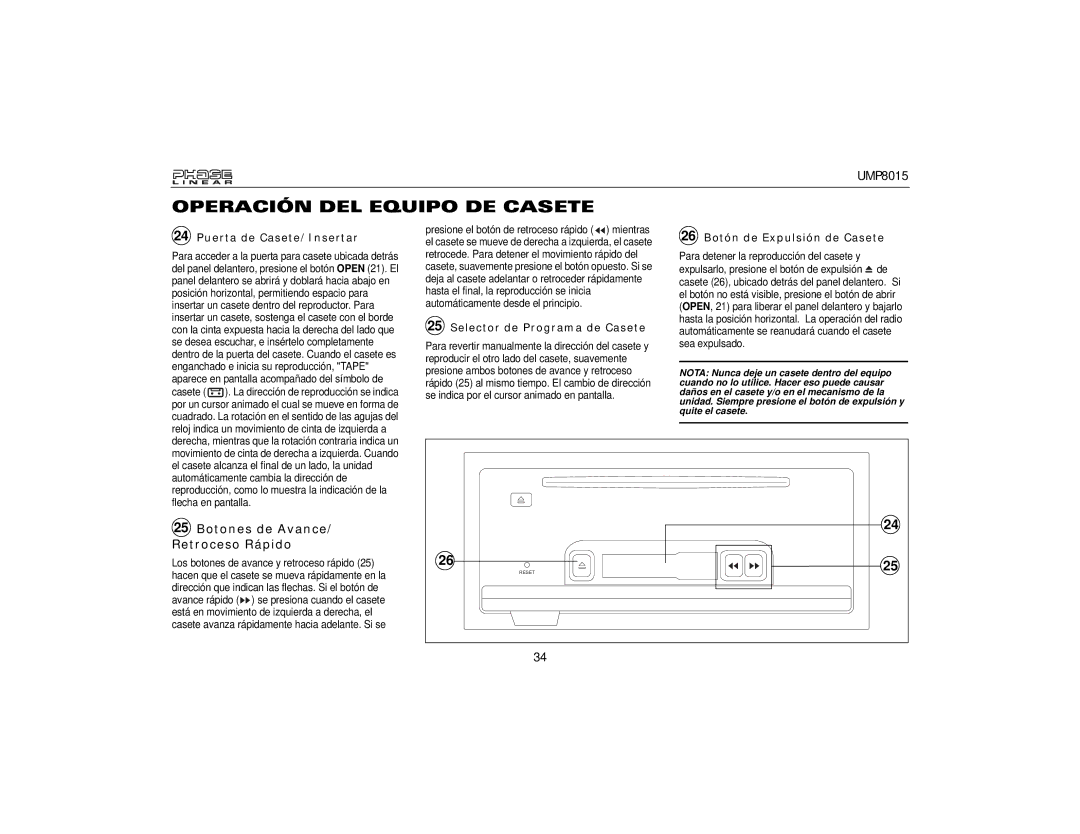 Audiovox UMP8015 Operación DEL Equipo DE Casete, Botones de Avance/ Retroceso Rápido, Puerta de Casete/Insertar 