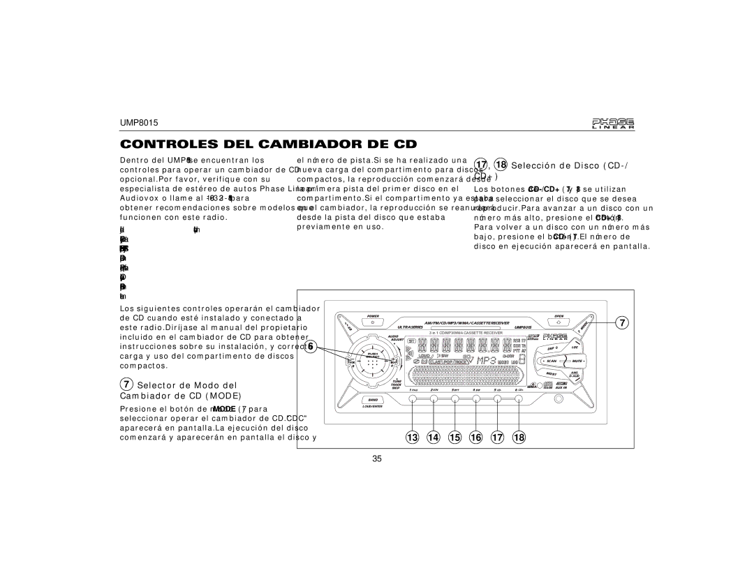 Audiovox UMP8015 owner manual Controles DEL Cambiador DE CD, 17 , 18 Selección de Disco CD-/ CD+ 