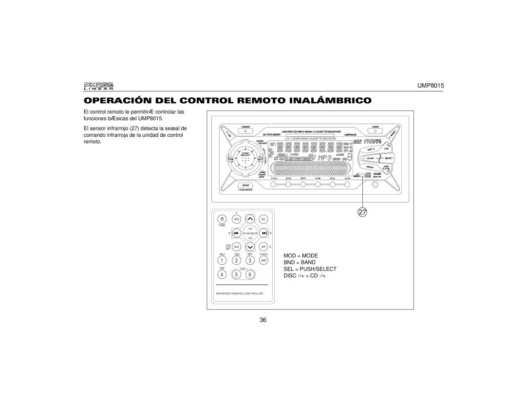 Audiovox UMP8015 owner manual Operación DEL Control Remoto Inalámbrico 