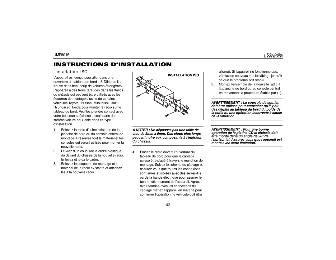 Audiovox UMP8015 owner manual Instructions D’INSTALLATION, Installation ISO 