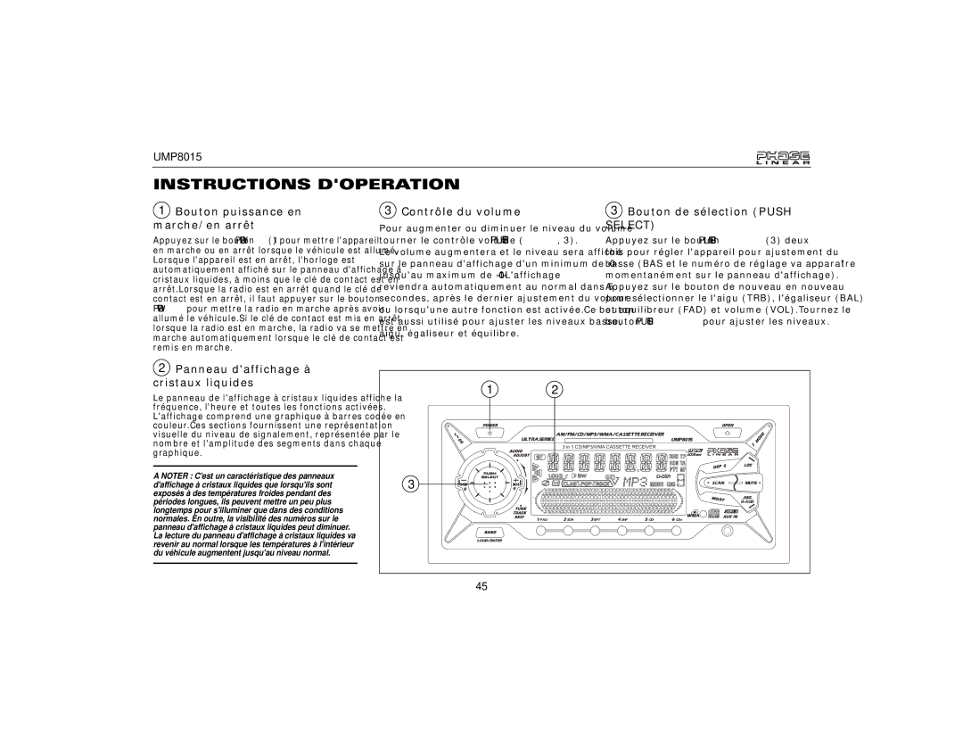 Audiovox UMP8015 owner manual Instructions Doperation, Bouton puissance en marche/en arrêt, Contrôle du volume 