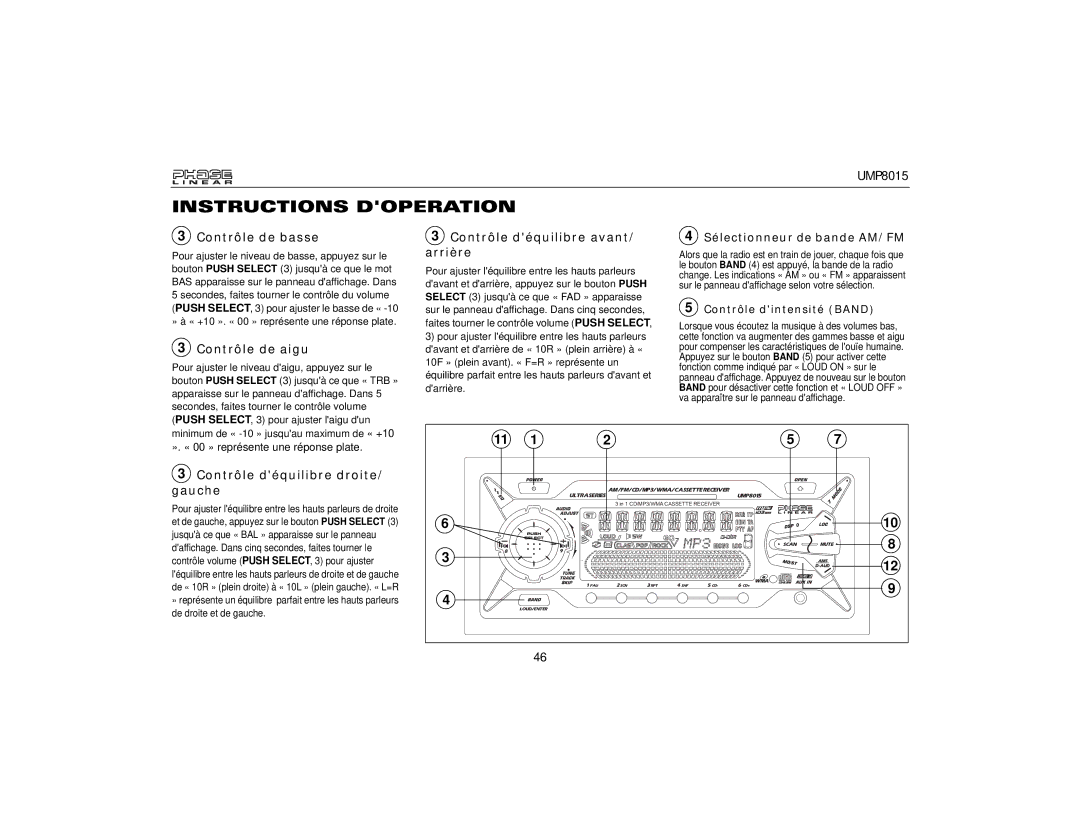 Audiovox UMP8015 owner manual Contrôle de basse, Contrôle de aigu, Contrôle déquilibre avant/ arrière 