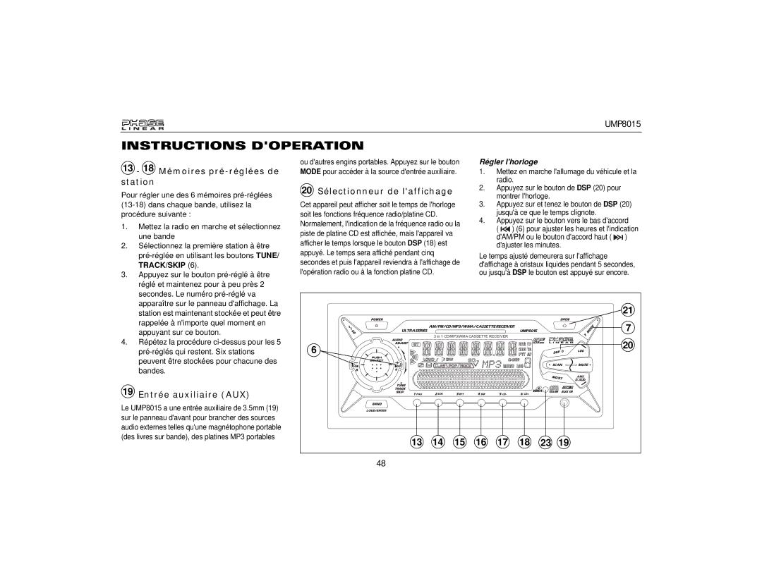 Audiovox UMP8015 owner manual 13 18 Mémoires pré-réglées de station, 20 Sélectionneur de laffichage, Entrée auxiliaire AUX 