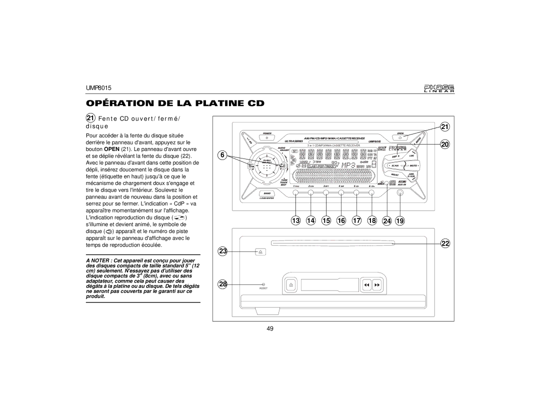 Audiovox UMP8015 owner manual Opération DE LA Platine CD, Fente CD ouvert/fermé/ disque 