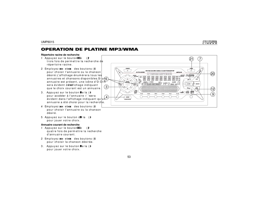 Audiovox UMP8015 owner manual Répertoire racine de recherche, Annuaire courant de recherche 