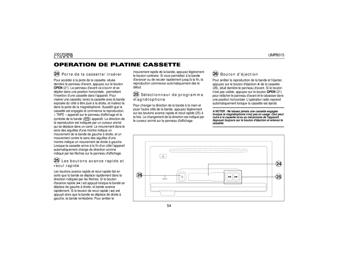 Audiovox UMP8015 Operation DE Platine Cassette, Porte de la cassette/insérer, 25 Sélectionneur de programme magnétophone 