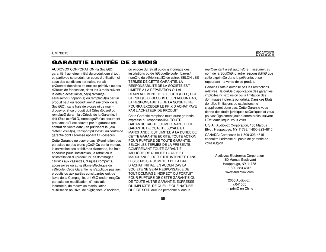 Audiovox UMP8015 owner manual Garantie Limitée DE 3 Mois 