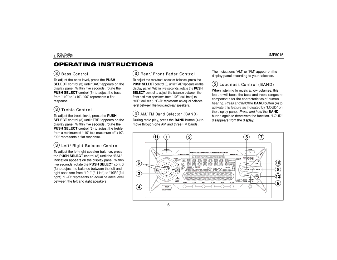 Audiovox UMP8015 Bass Control, Treble Control, Rear/Front Fader Control, Loudness Control Band, Left/Right Balance Control 