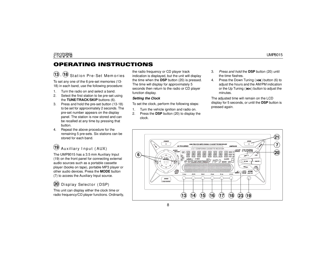 Audiovox UMP8015 owner manual 13 18 Station Pre-Set Memories, Auxiliary Input AUX, Display Selector DSP, Setting the Clock 