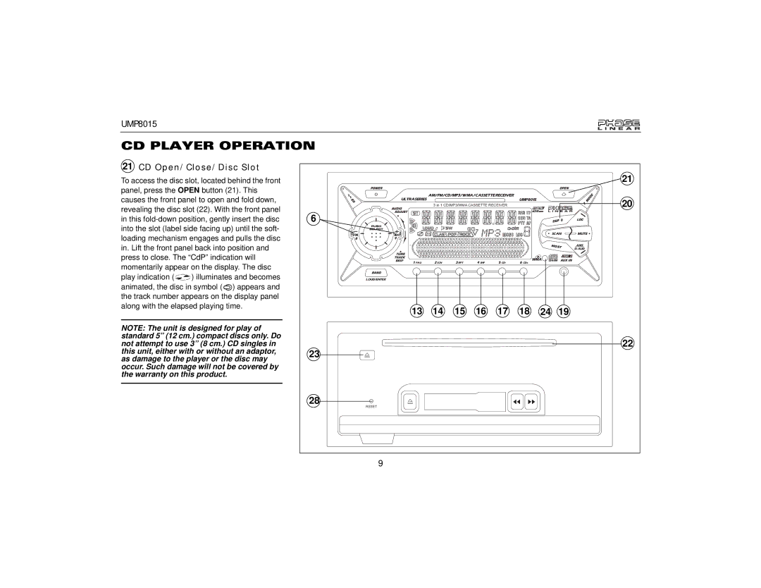 Audiovox UMP8015 owner manual CD Player Operation, CD Open/Close/Disc Slot 