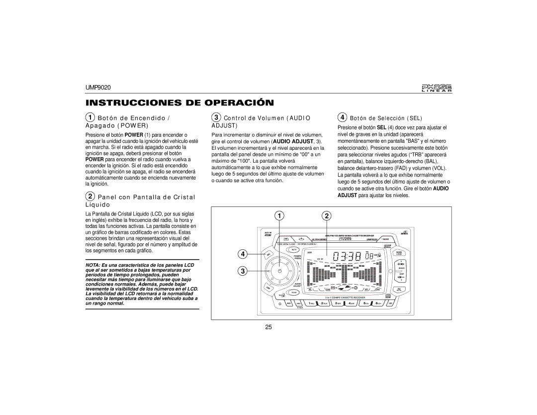 Audiovox UMP9020 Instrucciones DE Operación, Botón de Encendido / Apagado Power, Panel con Pantalla de Cristal Líquido 